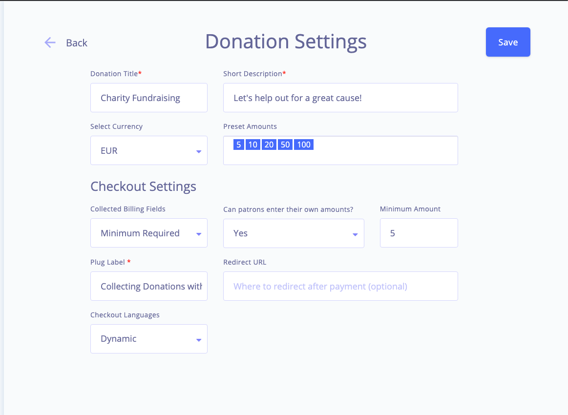New Donation settings in plug&paid